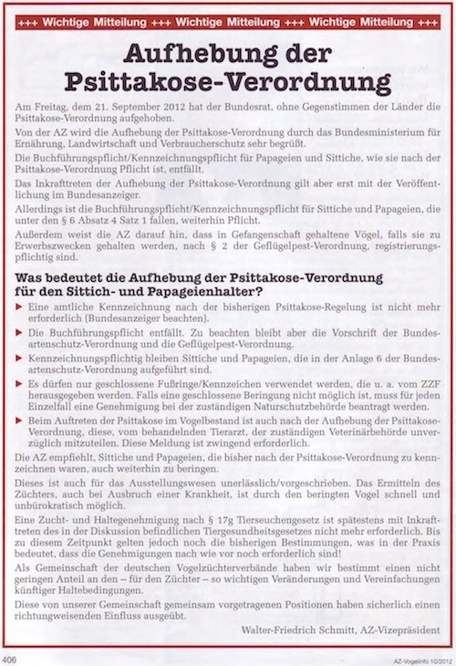 Aufhebung Psittakose-Verordnung